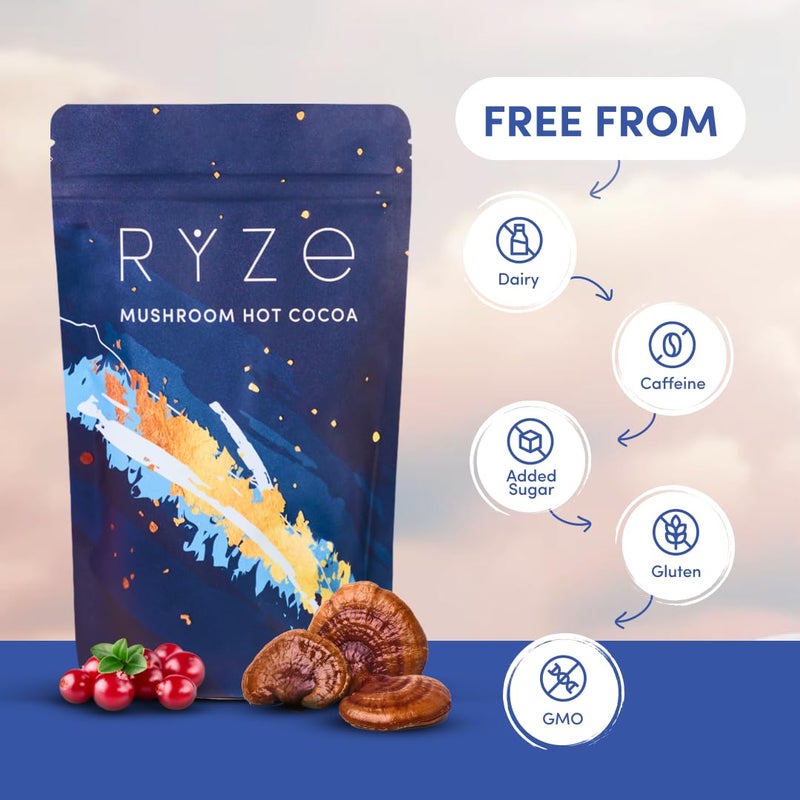 RYZE SUPERFOODS Mushroom Hot Cocoa Melatonin Sleep Supplement, Keto Cocoa Powder with Reishi Mushroom, Melatonin, Glycine, Cacao, L-Theanine, Chicory to Help Fall Asleep and Stay Asleep, 20 Servings - Image 5